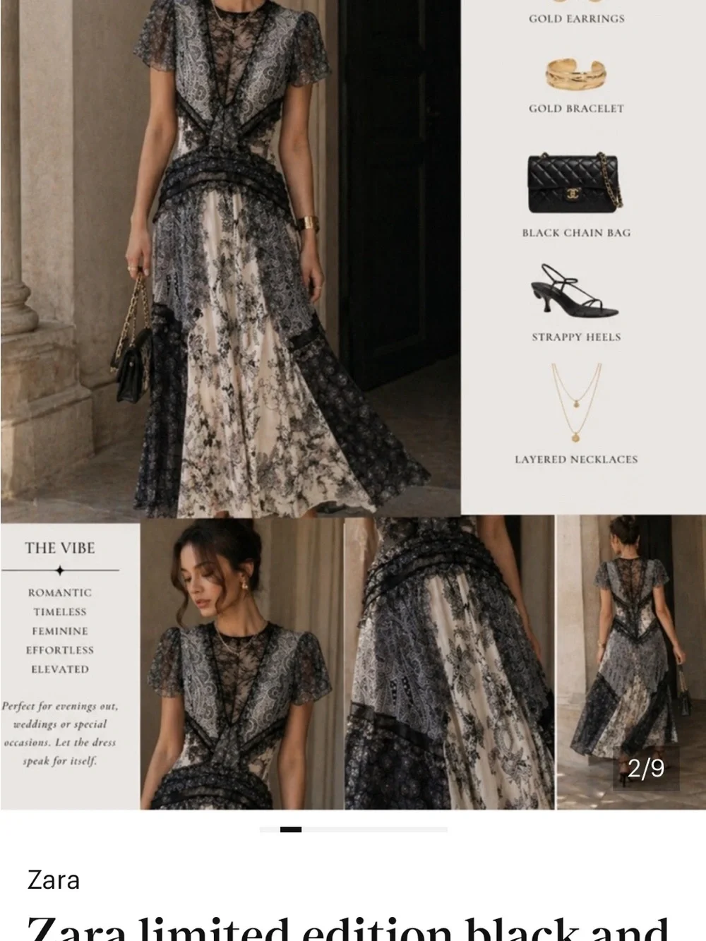 Zara Black Lace-Trim Floral Maxi Dress Limited Edition Large NWT new - Picture 2 of 8
